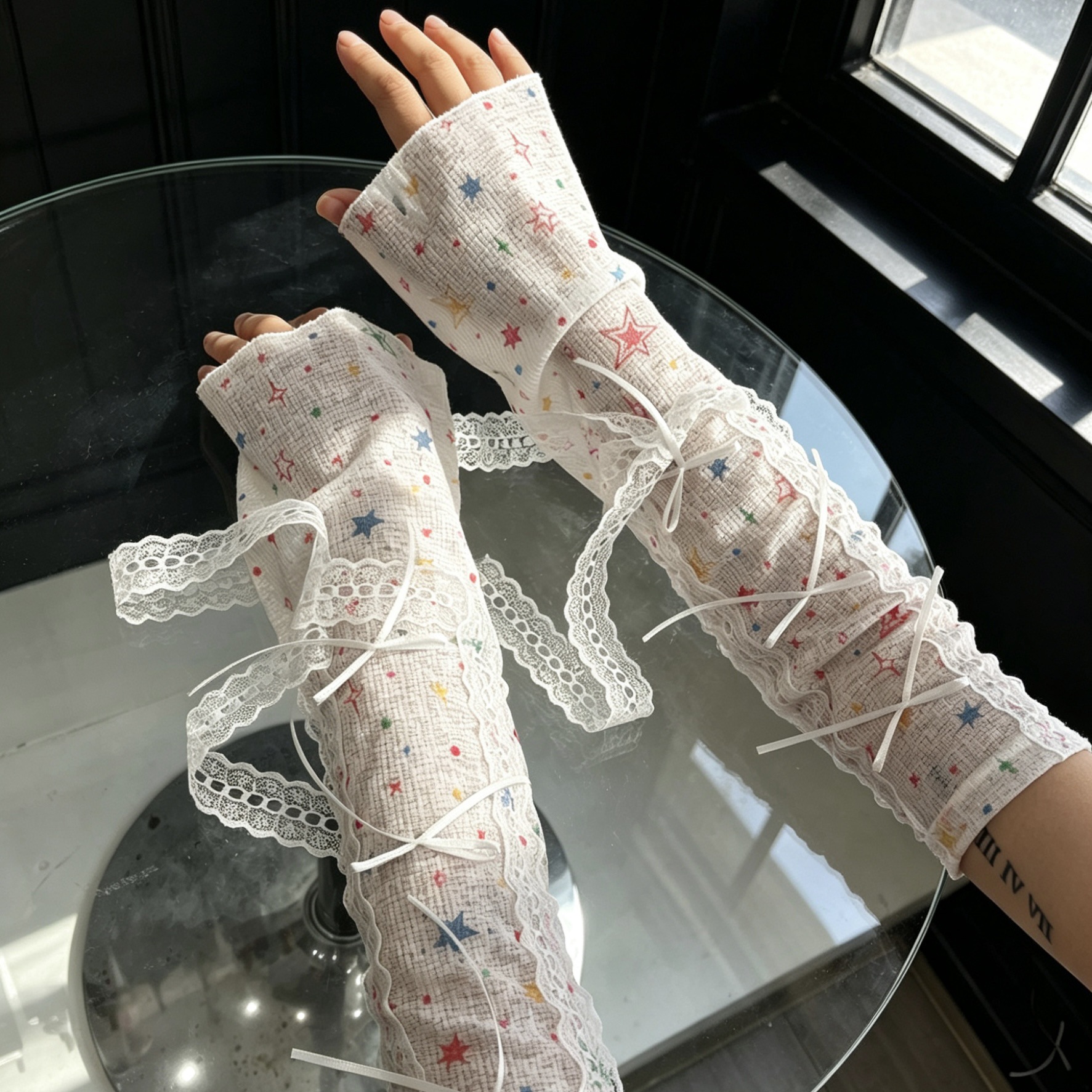 Kawaii Star Print Lace Arm Sle - Fingerless Glove Knit reseña y precio